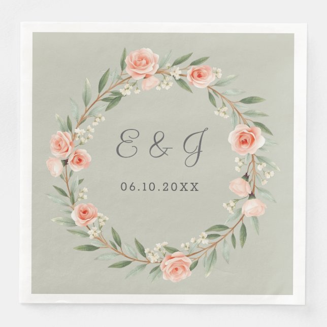 Servilleta De Papel De Cena corona verde, romántica rosa (Anverso)