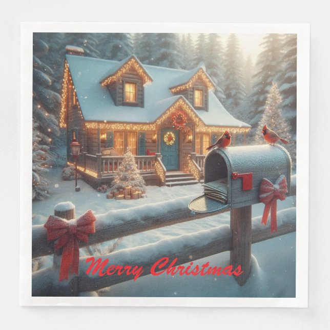 Servilleta De Papel De Cena Cozy Christmas Cabin Winter Wonderland (Anverso)