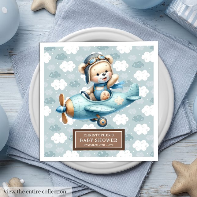 Servilleta De Papel De Cena Cuadros Baby Shower del piloto de oseos marrones p (Brown Teddy Bear Pilot Baby Shower Napkins for Boys)
