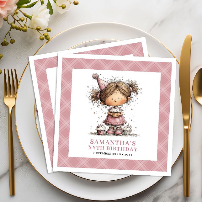 Servilleta De Papel De Cena Cumpleaños 2do de Niñas Divertido Extravagante Cap (Girls 2nd Birthday Funny Quirky Whimsical Pink)