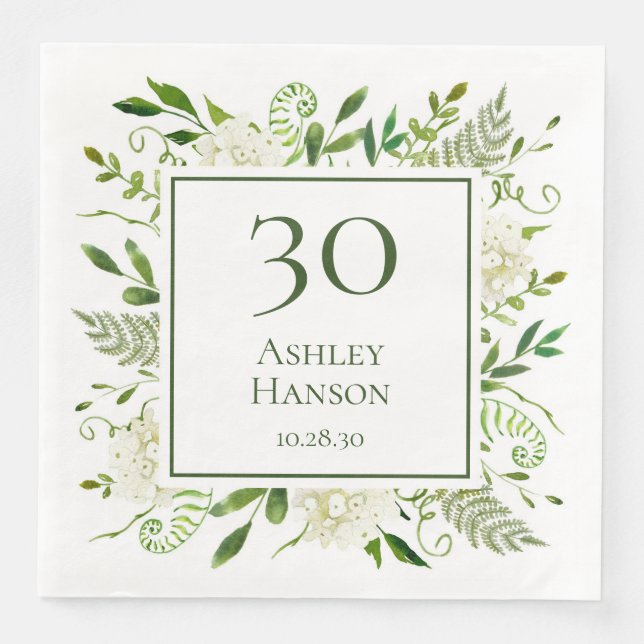 Servilleta De Papel De Cena Cumpleaños 30 Blancas Hortensias (Anverso)