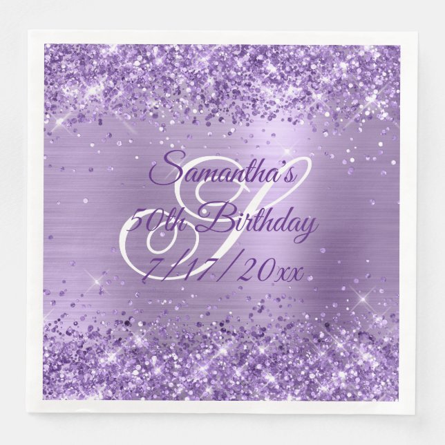 Servilleta De Papel De Cena Cumpleaños 50 Glittery Light Purple (Anverso)