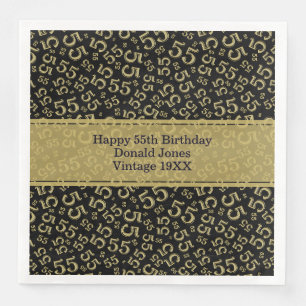 Servilleta De Papel De Cena Cumpleaños 55 Patrón de Número de Edad Negro/Dorad