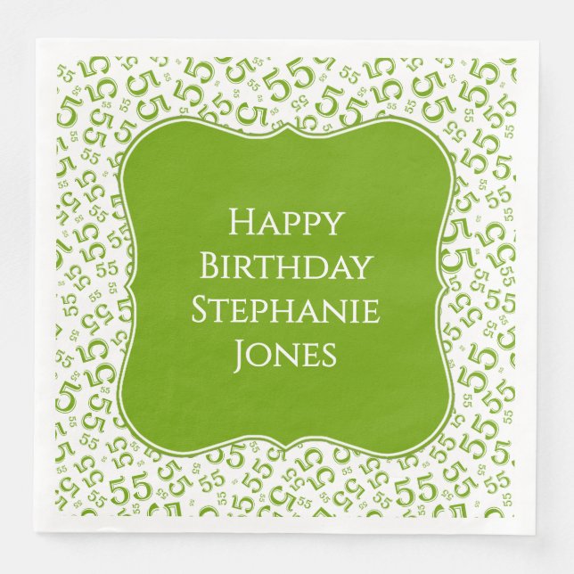 Servilleta De Papel De Cena Cumpleaños 55 Verde/ Blanco Patrón de Número entre (Anverso)