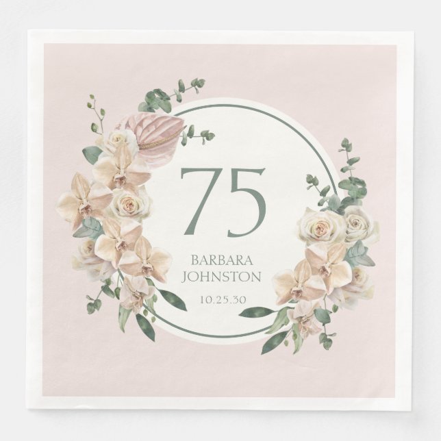 Servilleta De Papel De Cena Cumpleaños 75 Tropical Floral (Anverso)