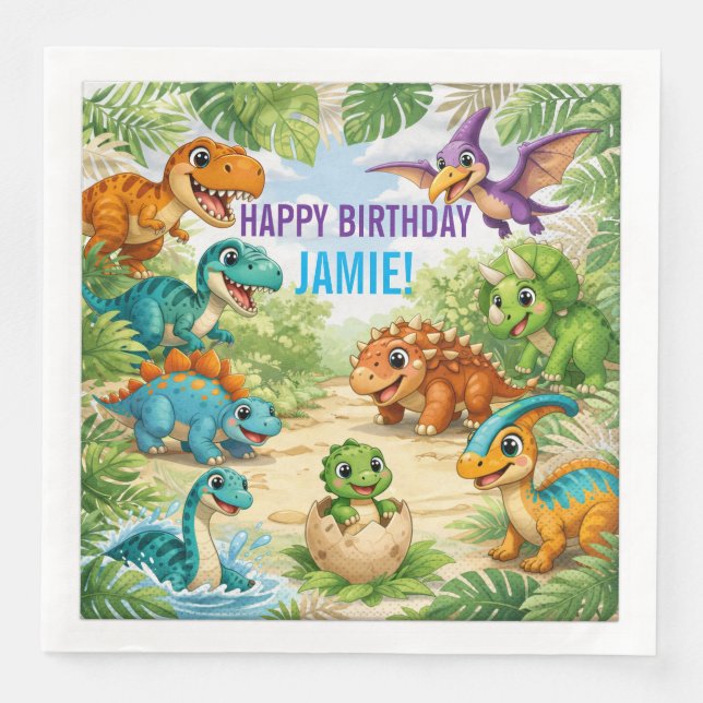 Servilleta De Papel De Cena Cumpleaños de dinosaurio para niños lindos (Anverso)