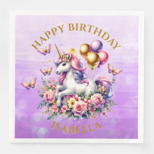 Servilleta De Papel De Cena Cumpleaños de Unicornio Rosa, Púrpura y Dorado
