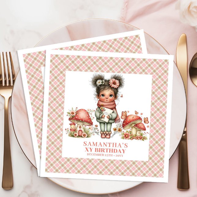 Servilleta De Papel De Cena Cumpleaños Floral Rosa Hongo Hada Linda (Cute Fairy Mushroom Pink Floral Birthday Party Napkins)