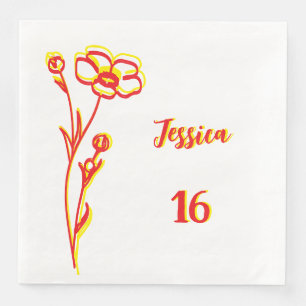 Servilleta De Papel De Cena Cumpleaños número 16 de flores rojas y amarillas b