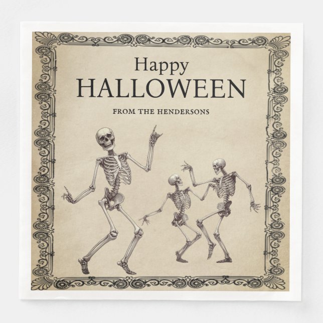 Servilleta De Papel De Cena Curiosos esqueletos bailando la fiesta de Hallowee (Anverso)