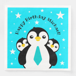 Servilleta De Papel De Cena Cute Feliz Cumpleaños Pingüinos Cuellos Azules