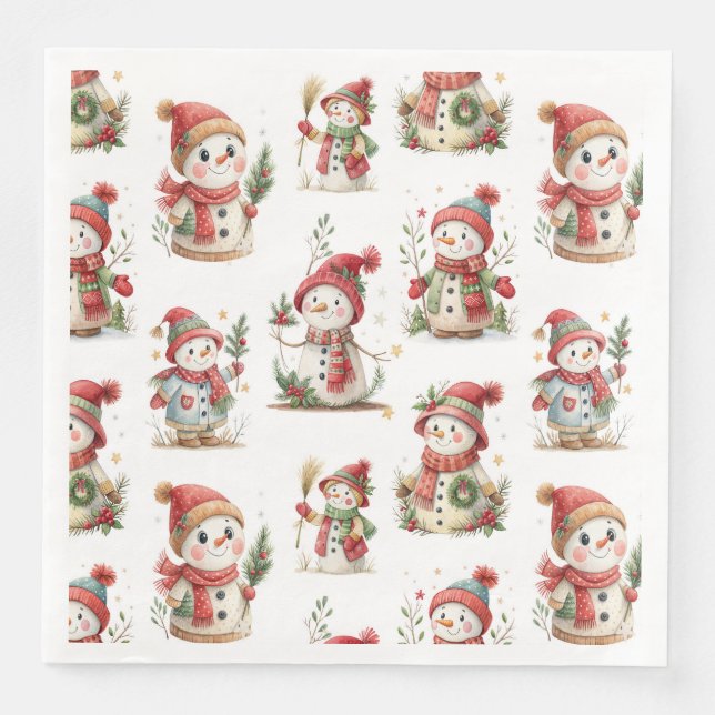Servilleta De Papel De Cena Cute snowmen with hats (Anverso)