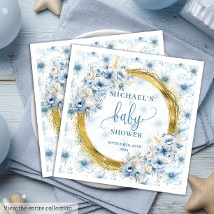Servilleta De Papel De Cena Dainty Dusty Blue Gold Floral Baby Shower Napkins