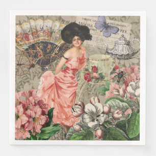 Servilleta De Papel De Cena Dama de Café Mujer Victoriana Rosa Vestido Rico