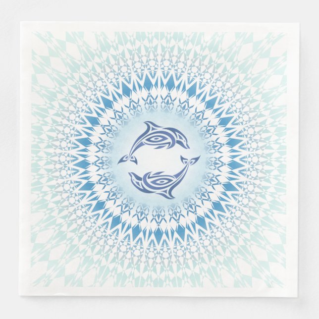 Servilleta De Papel De Cena Delfines Mandala Azul Blanco (Anverso)