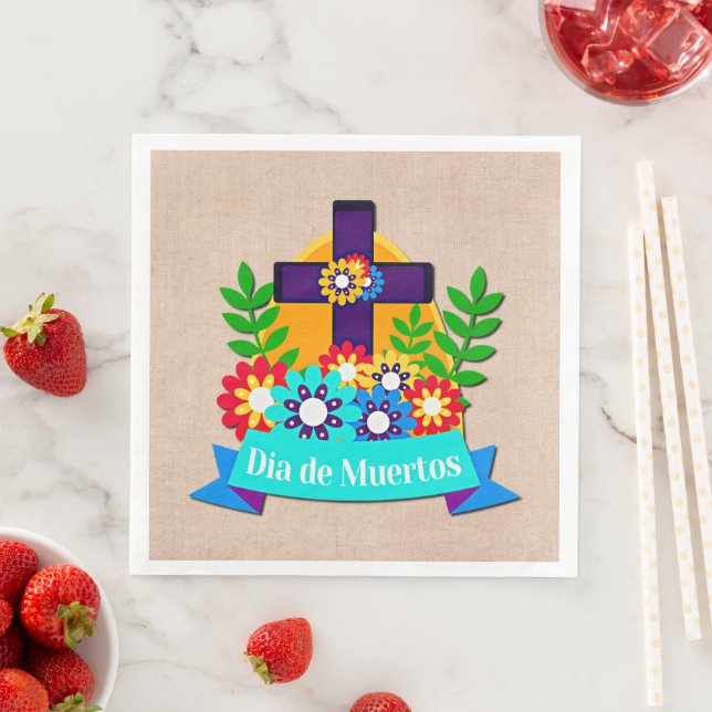 Servilleta De Papel De Cena Día de los Muertos Daisy Flower Cross Family Kids (In situ)