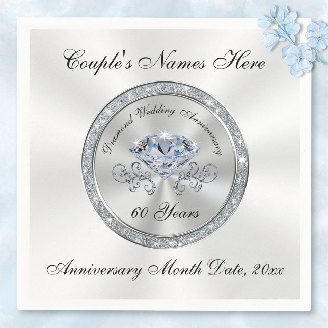 Servilleta De Papel De Cena Diamante, toallas de 60 años personalizadas (60th Anniversary Napkins. Personalised Diamond Anniversary Party Supplies. 60th wedding anniversary.)