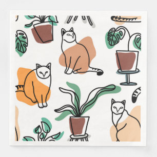 Servilleta De Papel De Cena Dibujo en línea de gatos y flores
