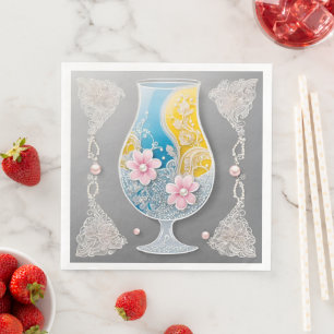 Servilleta De Papel De Cena Diseño de vidrio floral gris y rosa arte de IA