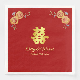 Servilleta De Papel De Cena Doble felicidad nupcial china floral naranja roja