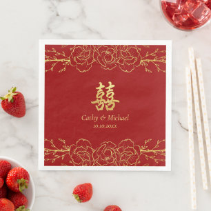 Servilleta De Papel De Cena Doble xi de boda chino con borde floral de oro roj