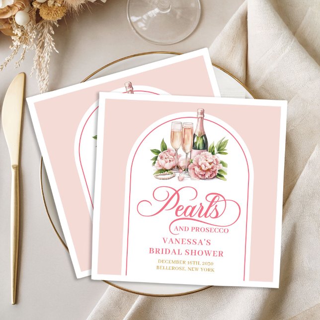 Servilleta De Papel De Cena Duche de Aquarela Moderna con Perlas y Prosecco (Modern Watercolor Pearls and Prosecco Shower Paper Dinner Napkins)