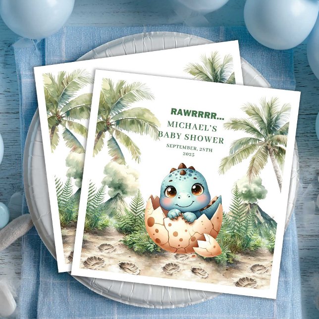 Servilleta De Papel De Cena Dulce Cumpleaños de Bebé Dino Eclosionando Pronto  (Sweet Dino Baby Shower Hatching Soon Custom Napkins)