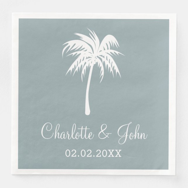 Servilleta De Papel De Cena Duste Blue Tropical Palm Tree Boda Napkins (Anverso)