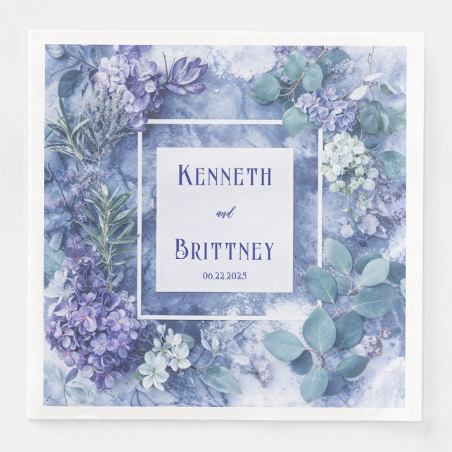 Servilleta De Papel De Cena Dusty Blue Botanical Boda Napkins con Verdor (Anverso)