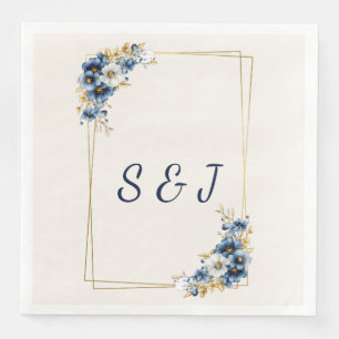 Servilleta De Papel De Cena Elegancia Floral Azul Real y Dorado para Boda en P