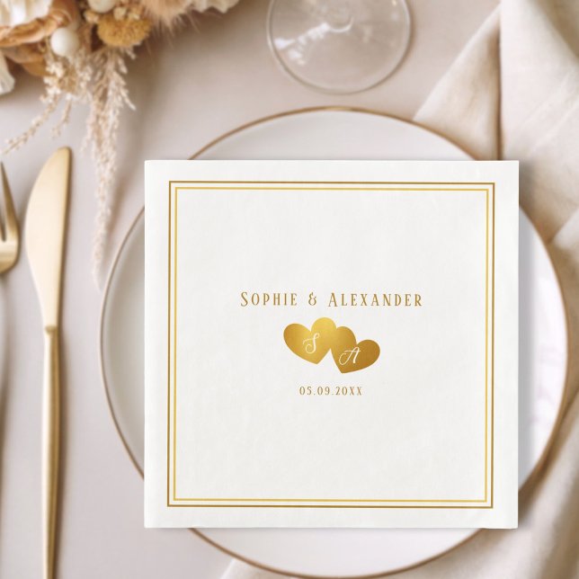 Servilleta De Papel De Cena Elegant Double Heart Initials Wedding (Elegant Double Heart Initials Wedding Paper Dinner Napkins)