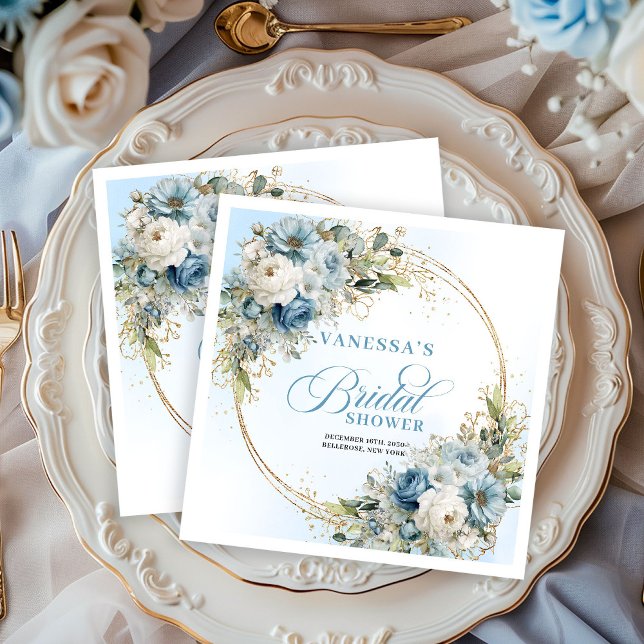 Servilleta De Papel De Cena Elegant dusty blue florals eucalyptus gold party  (Elegant dusty blue florals eucalyptus gold party napkins

)