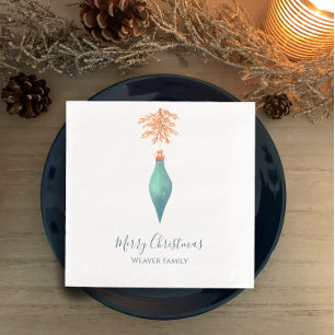 Servilleta De Papel De Cena Elegante acuarela Navidades turquesa bauble