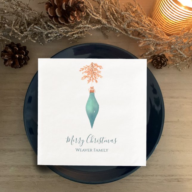 Servilleta De Papel De Cena Elegante acuarela Navidades turquesa bauble (Personalized Christmas holiday dinner party napkins, elegant turquoise & golden botanical watercolor)