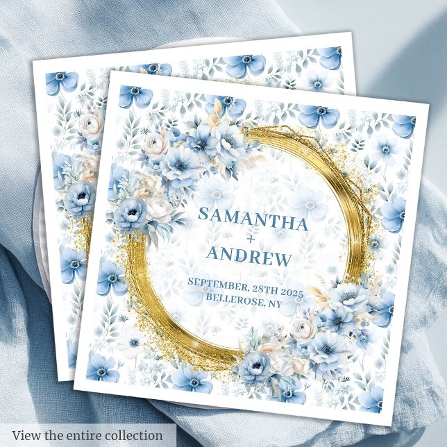 Servilleta De Papel De Cena Elegante Boda de acento dorado azul claro (Stylish Watercolor Light Blue Gold Accent Wedding Paper Dinner Napkins)