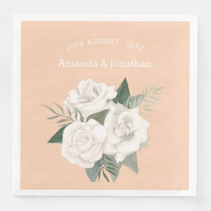 Servilleta De Papel De Cena Elegante Boda de Apricot Crush y Rosas Blancas