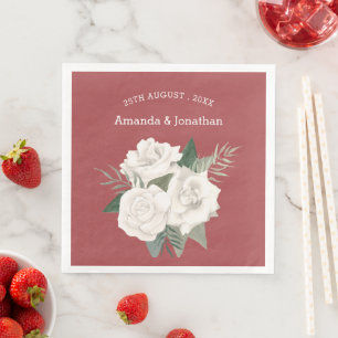 Servilleta De Papel De Cena Elegante Boda de cuero rojo y rosas blancas