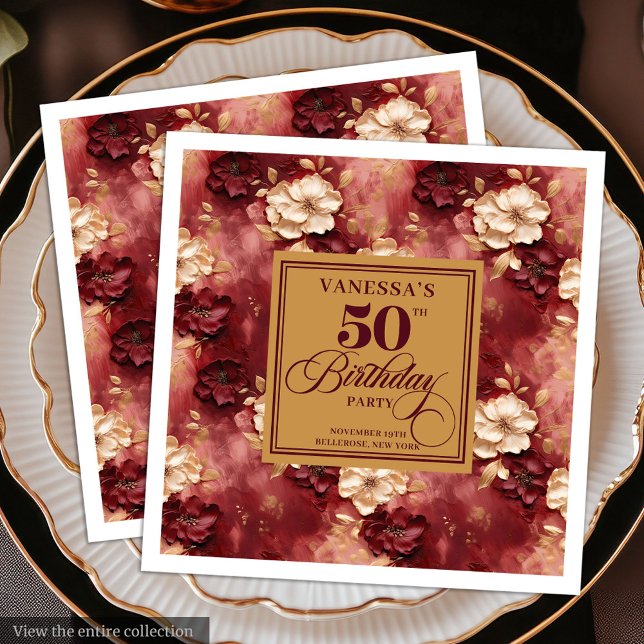 Servilleta De Papel De Cena Elegante Boho Merlot Rubor Dorado Cumpleaños 50 (Stylish Boho Merlot Blush Gold 50th Birthday Paper Dinner Napkins)