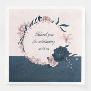 Servilleta De Papel De Cena Elegante corona floral de color azul marino y rosa