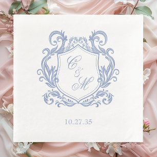 Servilleta De Papel De Cena Elegante Cresta Monograma Azul Polvoriento Boda