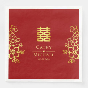 Servilleta De Papel De Cena Elegante doble felicidad floral de boda china