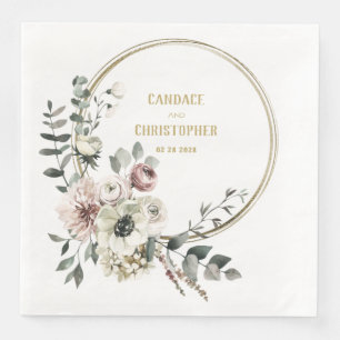 Servilleta De Papel De Cena Elegante Eucalyptus Rubor Marco dorado floral blan