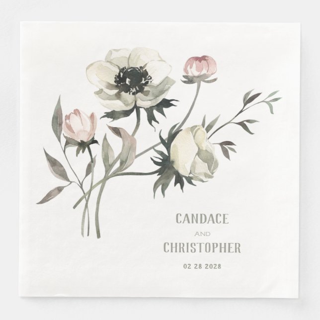 Servilleta De Papel De Cena Elegante Floral Rústica de Anemones Blancos (Anverso)