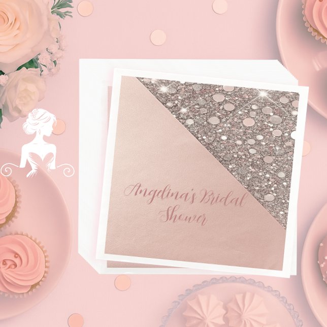 Servilleta De Papel De Cena Elegante Rosa Dorado Ducha de novias (Elegant rose gold bridal shower napkin with foil, glitter accents, and custom name and event text.)