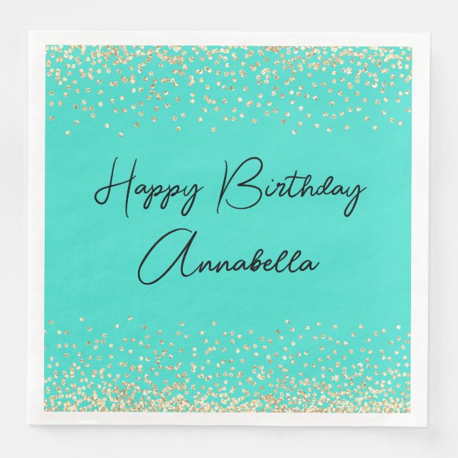 Servilleta De Papel De Cena Elegante Script Name Gold Purpurina en turquesa (Anverso)