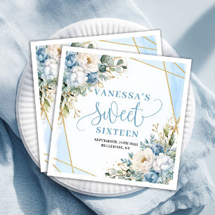 Servilleta De Papel De Cena Elegante Sweet Sixteen Acuarela Floral Azul