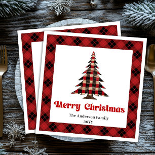 Servilleta De Papel De Cena Elegante Tartán Rojo y Negro Árbol de Navidad Serv