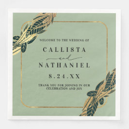 Servilleta De Papel De Cena Elegante verde sabio dorado deja Boda