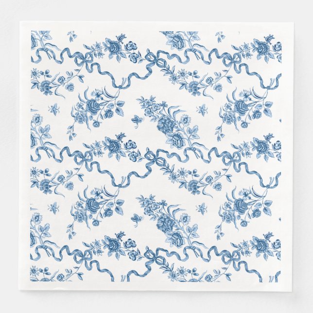 Servilleta De Papel De Cena Elegantes Rosas azules grabados de época y cintas (Anverso)