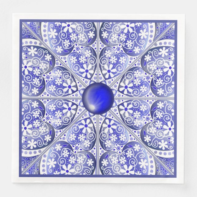 Servilleta De Papel De Cena Encaje Cerámico Azul de Grecia (Anverso)